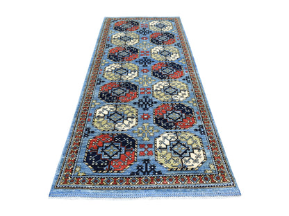 Ersari Tribal & Geometric hand-knotted wool runner in Blue, 4'1" x 9'9" — SKU O070392