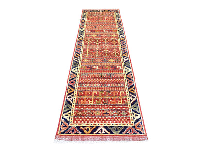 Red 2'8" x 9'7" Tribal Hand knotted Wool Rug - Sku: O070618