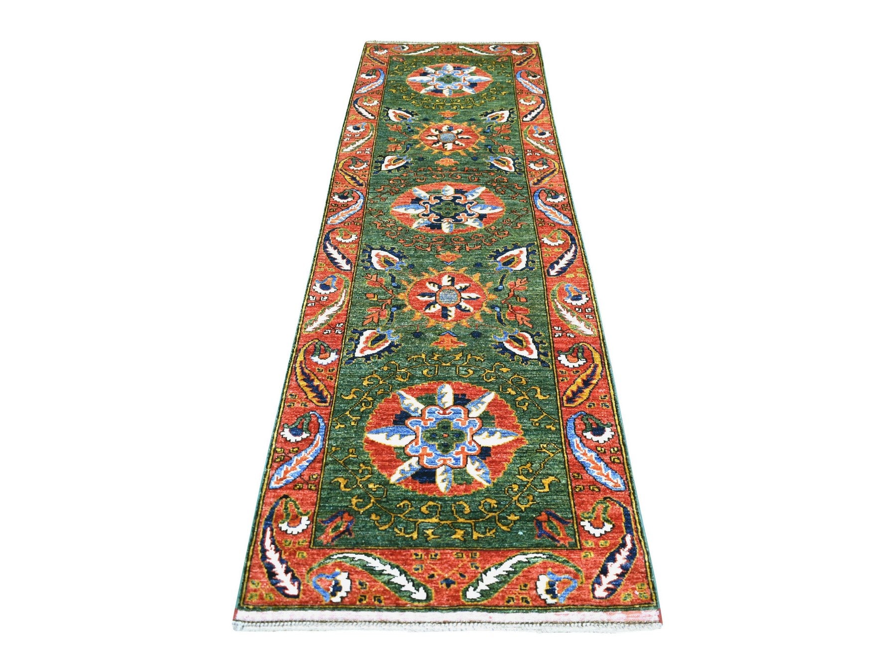 Green 2'10" x 9'9" Tribal Hand knotted Wool Rug - Sku: O070619