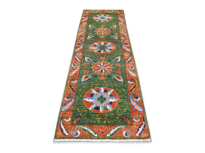 Green 2'10" x 9'9" Tribal Hand knotted Wool Rug - Sku: O070619