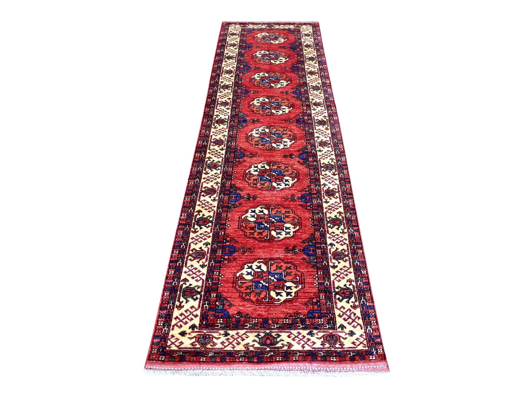 Ersari Tribal & Geometric hand-knotted wool runner in Red & Ivory, 2'8" x 9'7" — SKU O070620