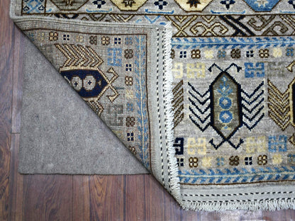 Grey 4'1" x 9'7" Tribal & Geometric Hand knotted Wool Rug - Sku: O070637