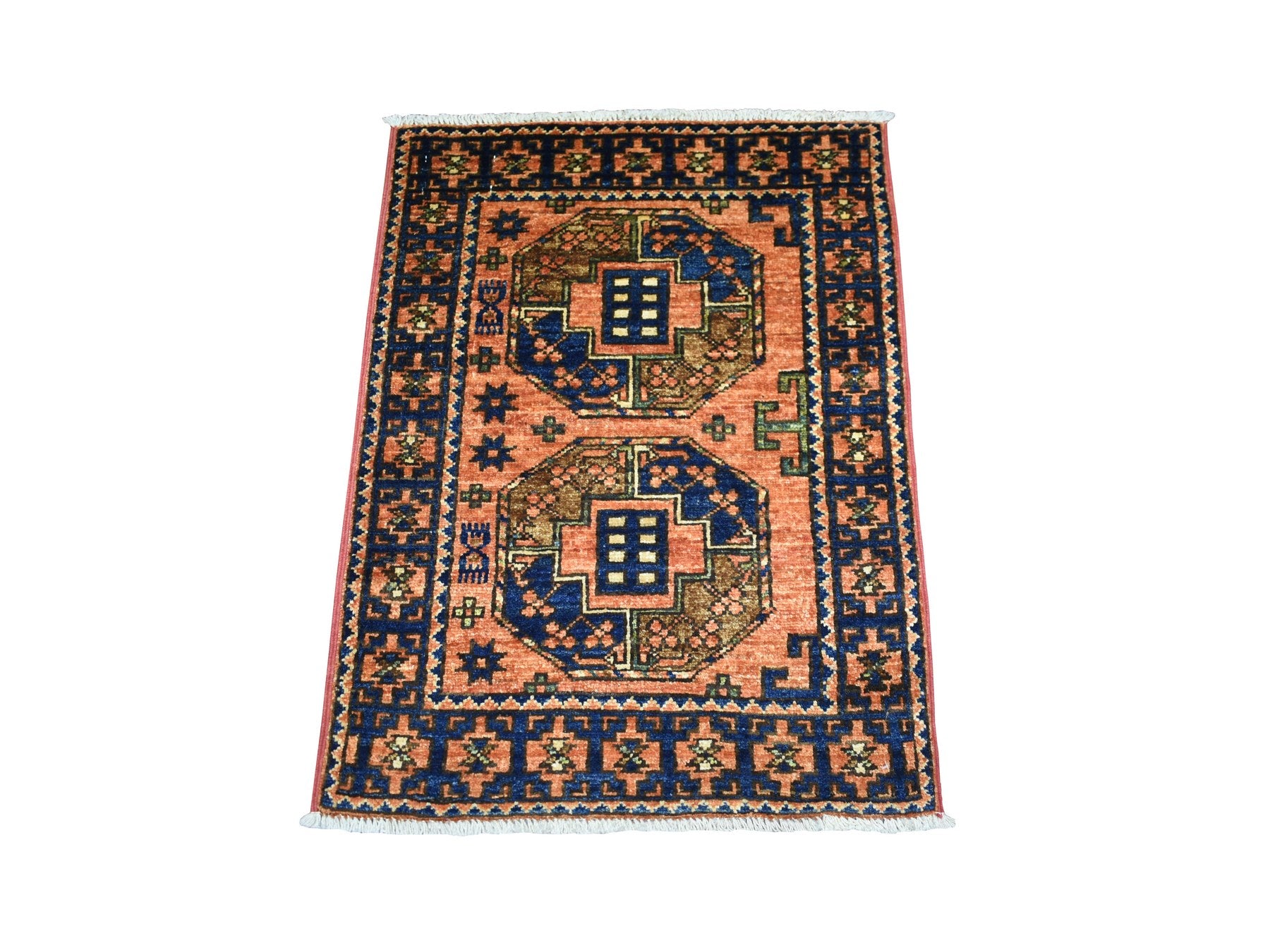 Ersari Tribal & Geometric hand-knotted wool rug in Orange & Navy Blue, 2'1" x 3' — SKU O070658