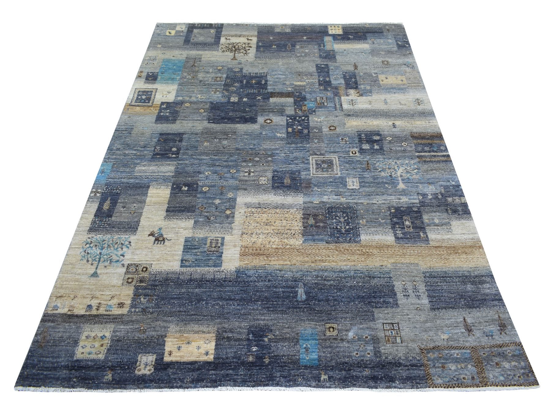 Gabbeh Tribal & Geometric hand-knotted wool rug in Gray, 5'4" x 7'9" — SKU O070698