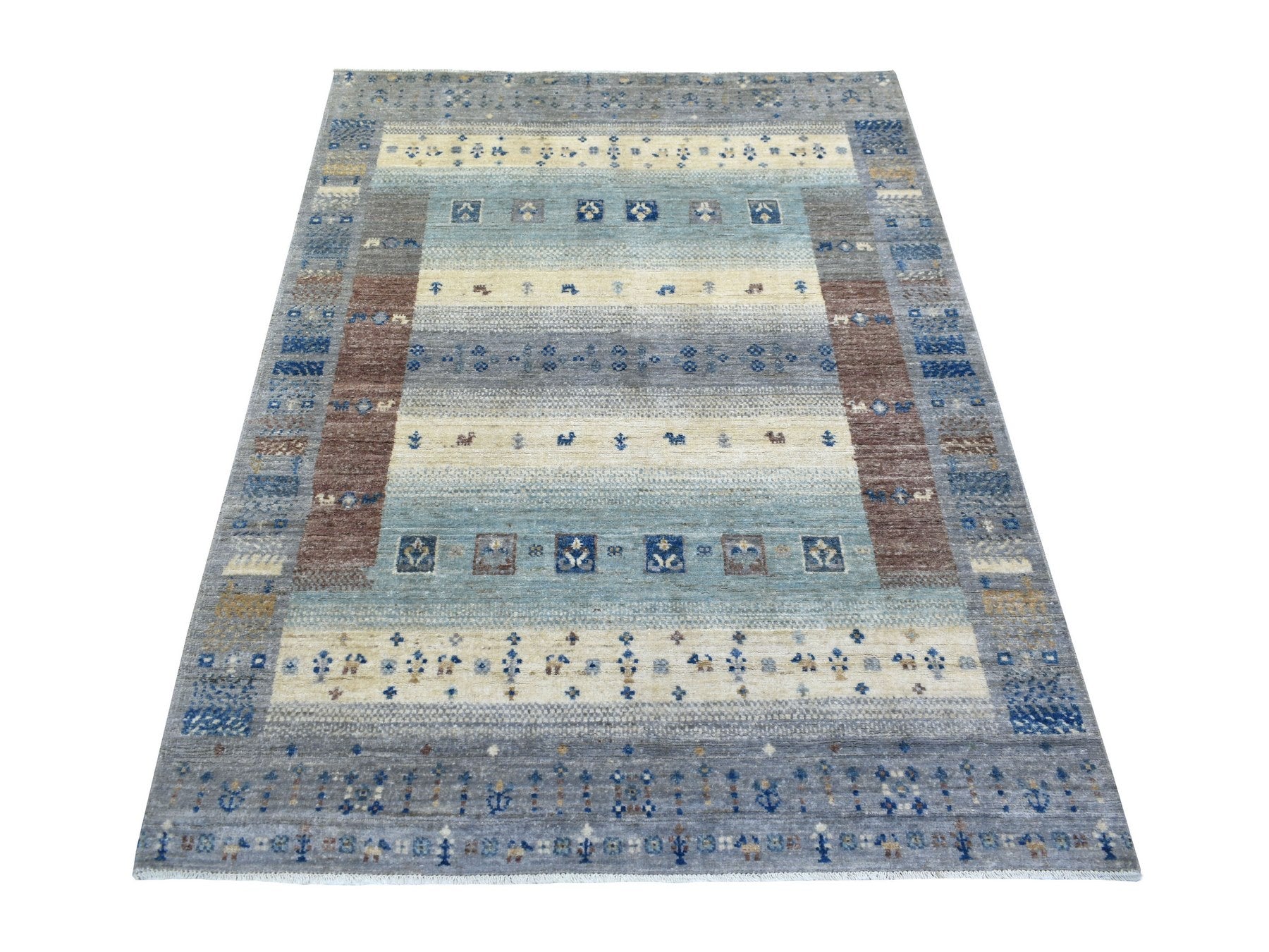 Gabbeh Tribal & Geometric hand-knotted wool rug in Gray, 4' x 5'9" — SKU O070699