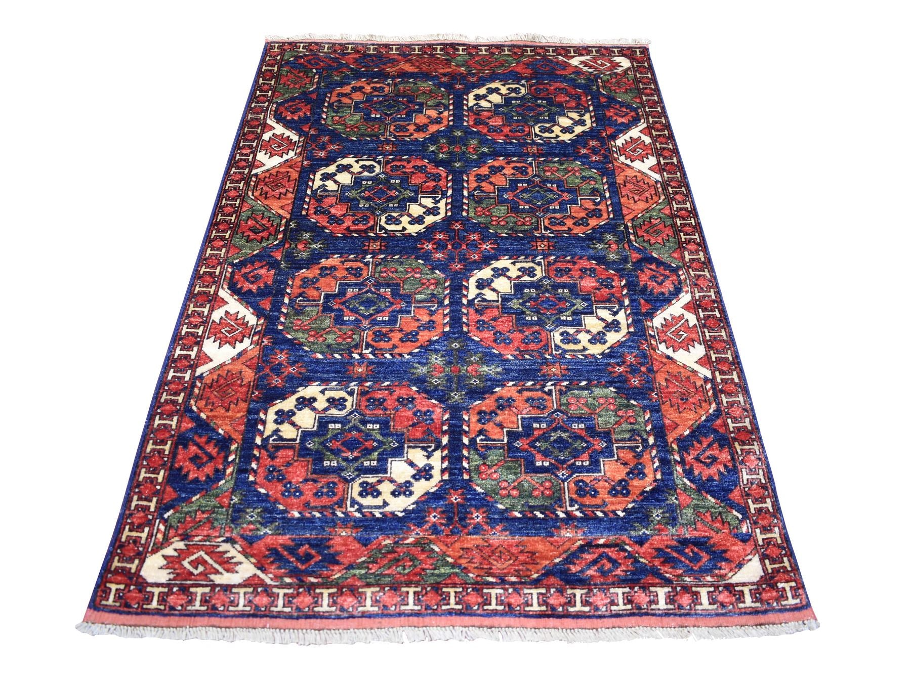 Ersari Tribal & Geometric hand-knotted wool rug in Blue & Coral Red, 4' x 5'9" — SKU O070720