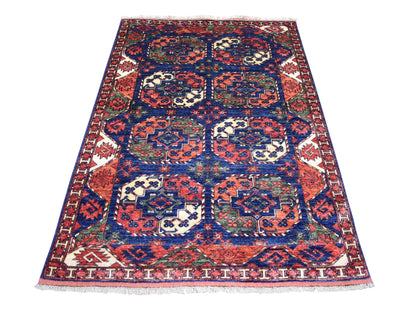 Ersari Tribal & Geometric hand-knotted wool rug in Blue & Coral Red, 4' x 5'9" — SKU O070720
