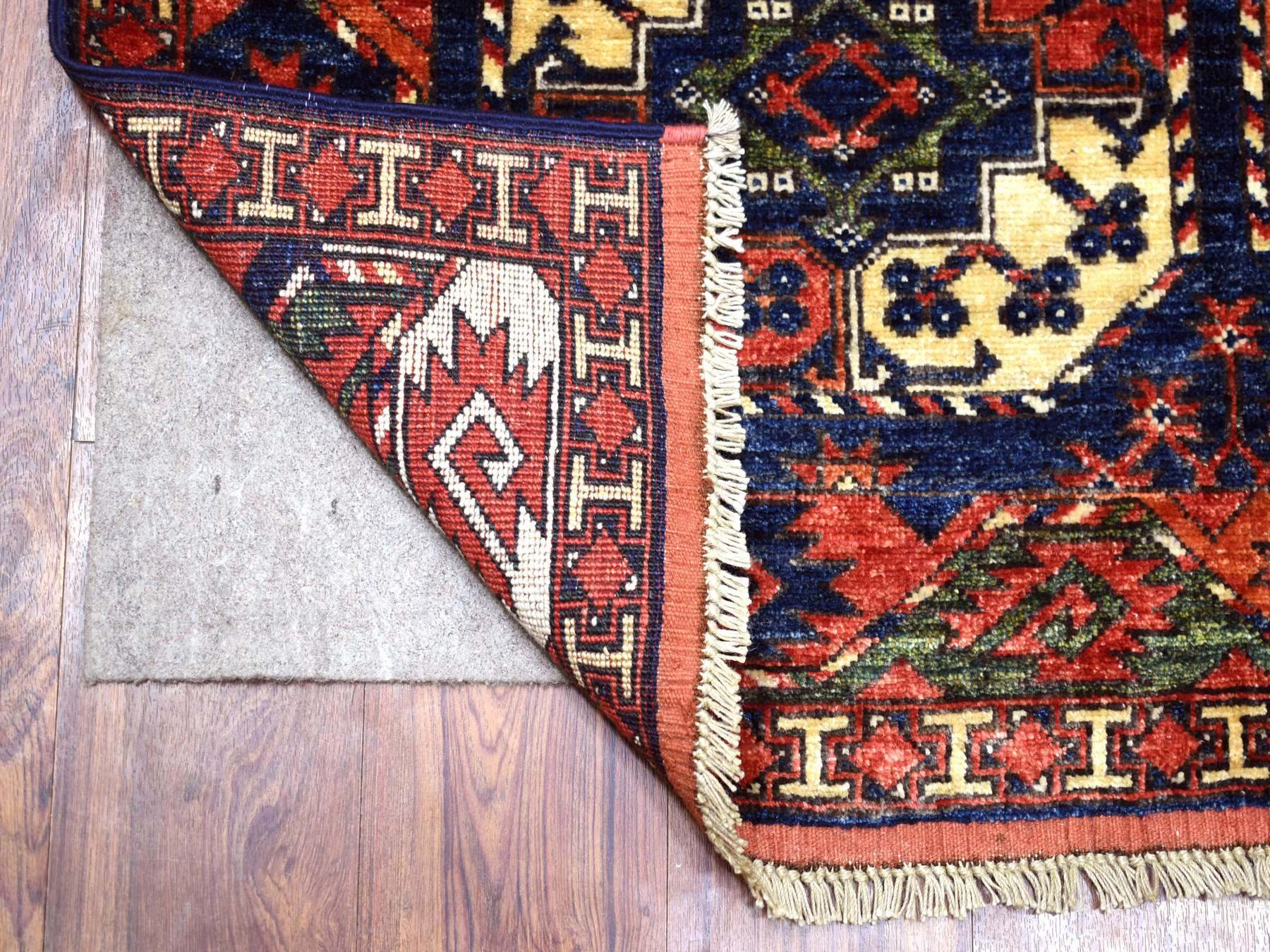 Ersari Tribal & Geometric hand-knotted wool rug in Blue & Coral Red, 4' x 5'9" — SKU O070720 (view 2)