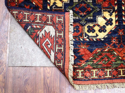 Ersari Tribal & Geometric hand-knotted wool rug in Blue & Coral Red, 4' x 5'9" — SKU O070720 (view 2)