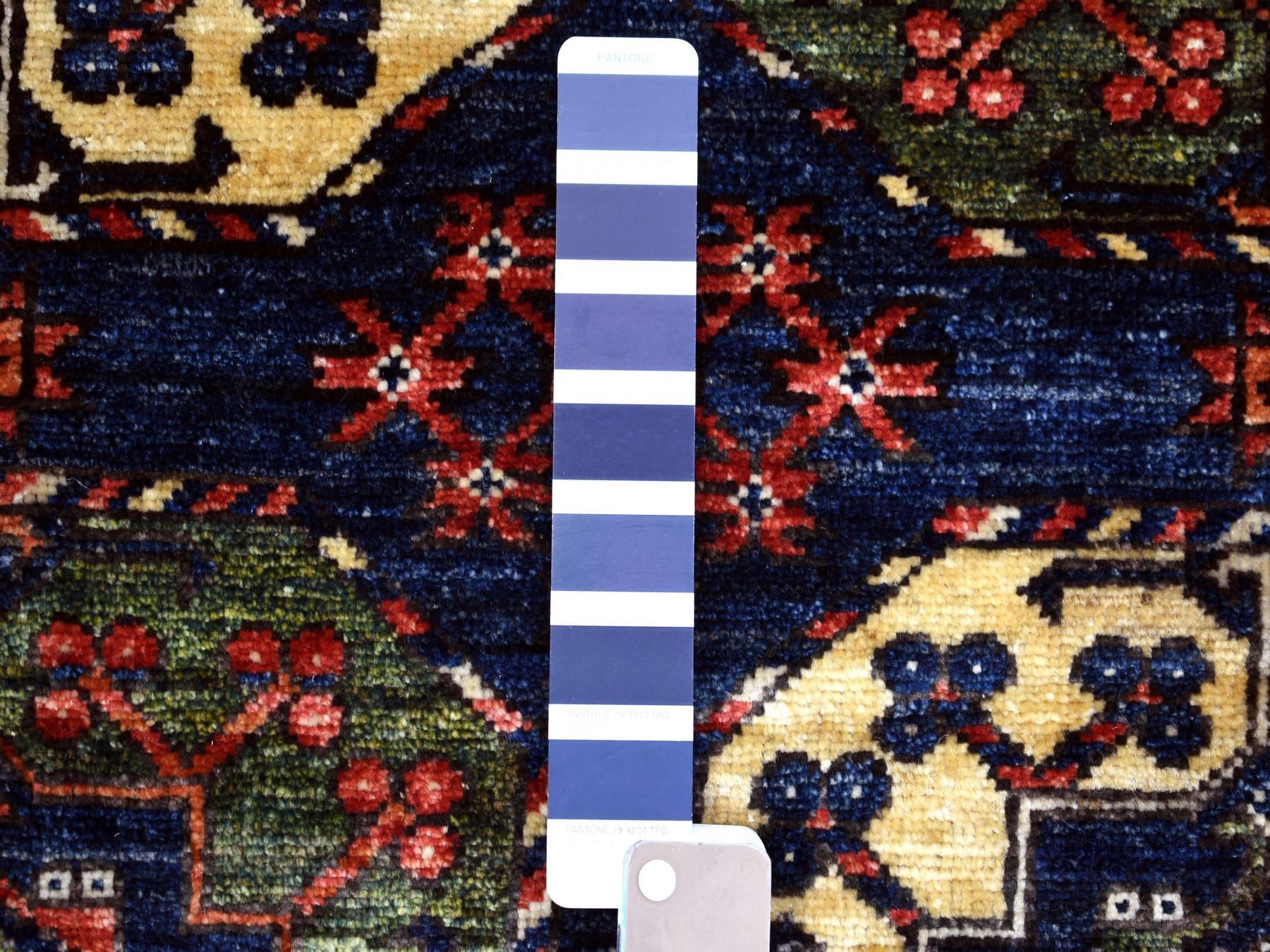 Ersari Tribal & Geometric hand-knotted wool rug in Blue & Coral Red, 4' x 5'9" — SKU O070720 (view 3)