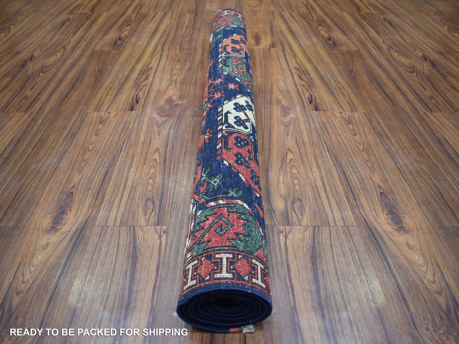 Ersari Tribal & Geometric hand-knotted wool rug in Blue & Coral Red, 4' x 5'9" — SKU O070720 (view 4)