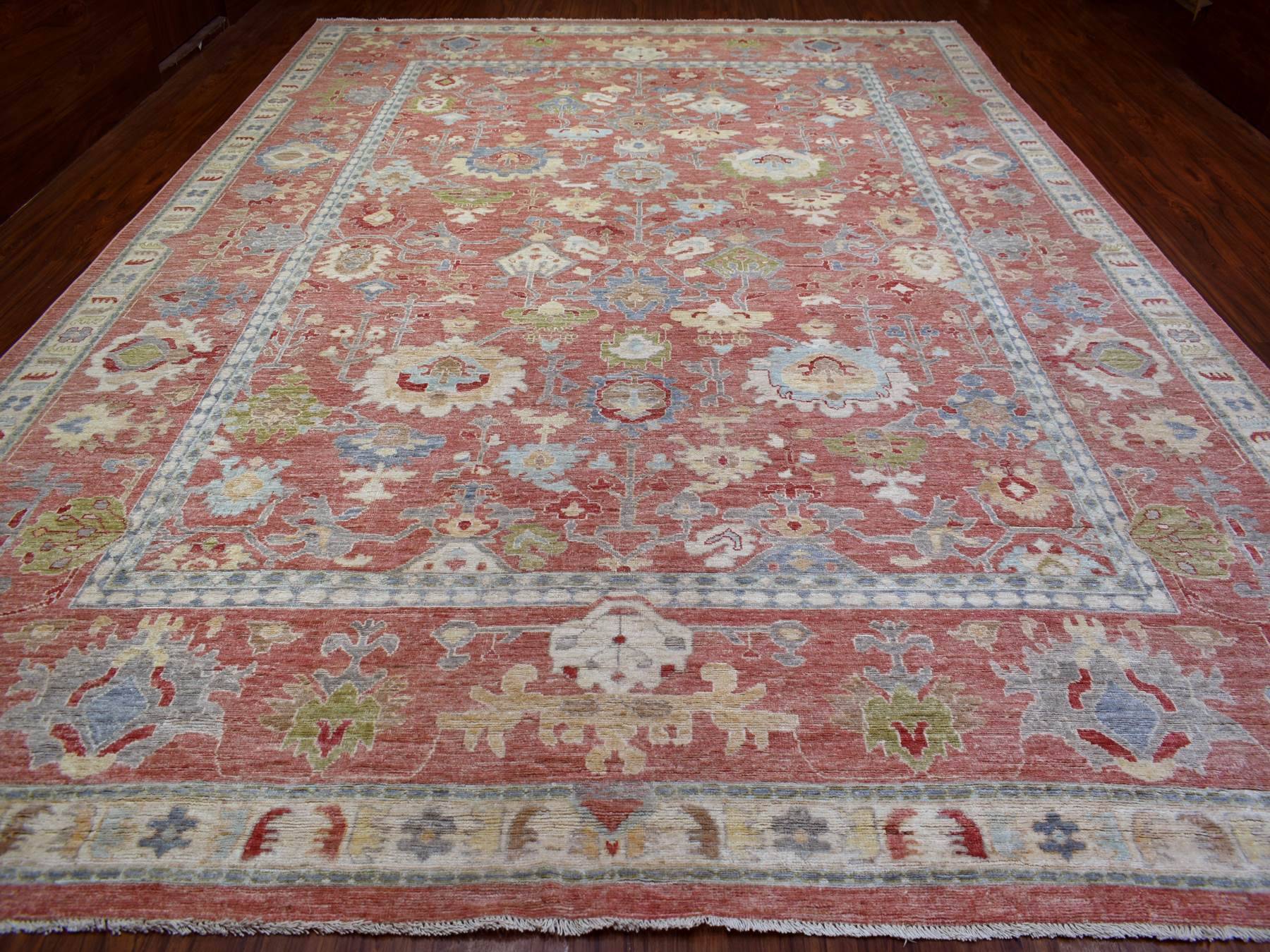 Oushak hand-knotted wool rug in Red & Coral Red, 12' x 16' — SKU O070751 (view 2)