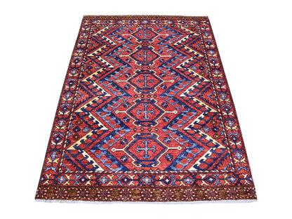 Red 4'1" x 6'0" Tribal Hand knotted Wool Rug - Sku: O070917