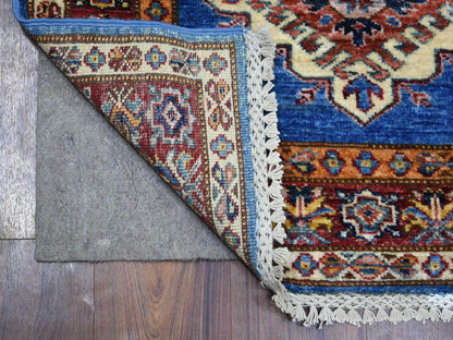 Blue 2'8" x 9'6" Kazak Hand knotted Wool Rug - Sku: O070966