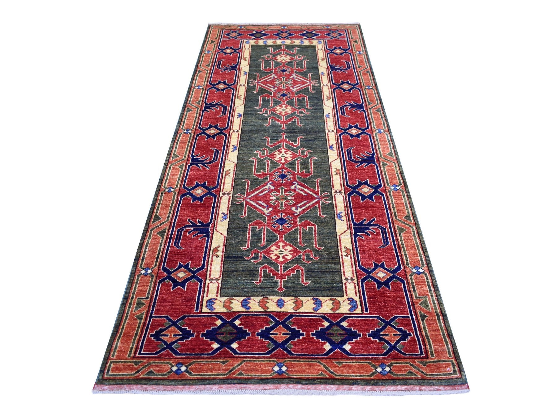 Green 4'0" x 9'8" Tribal Hand knotted Wool Rug - Sku: O070993