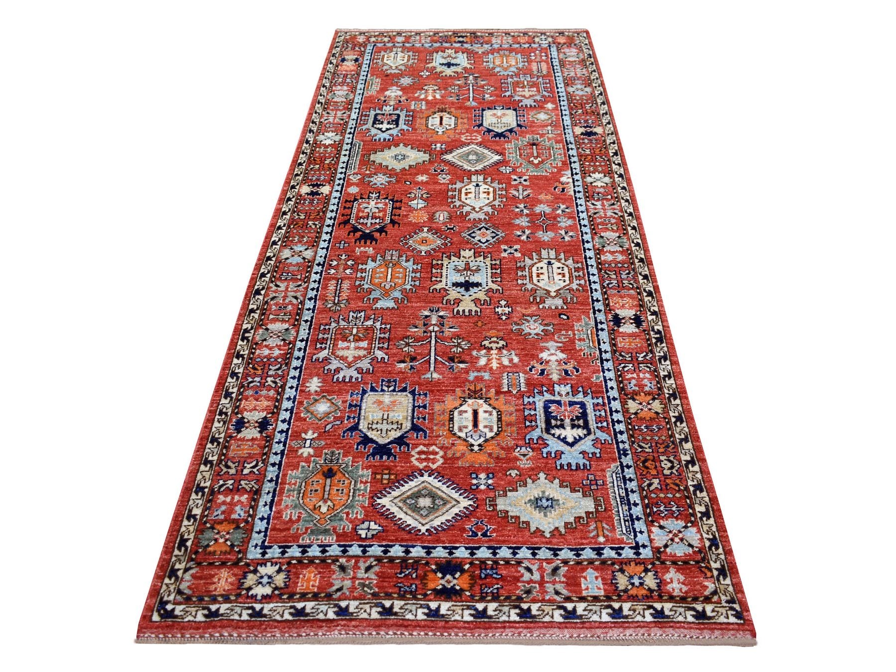 Red 4'0" x 9'7" Tribal Hand knotted Wool Rug - Sku: O070994