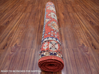 Red 4'0" x 9'7" Tribal Hand knotted Wool Rug - Sku: O070994