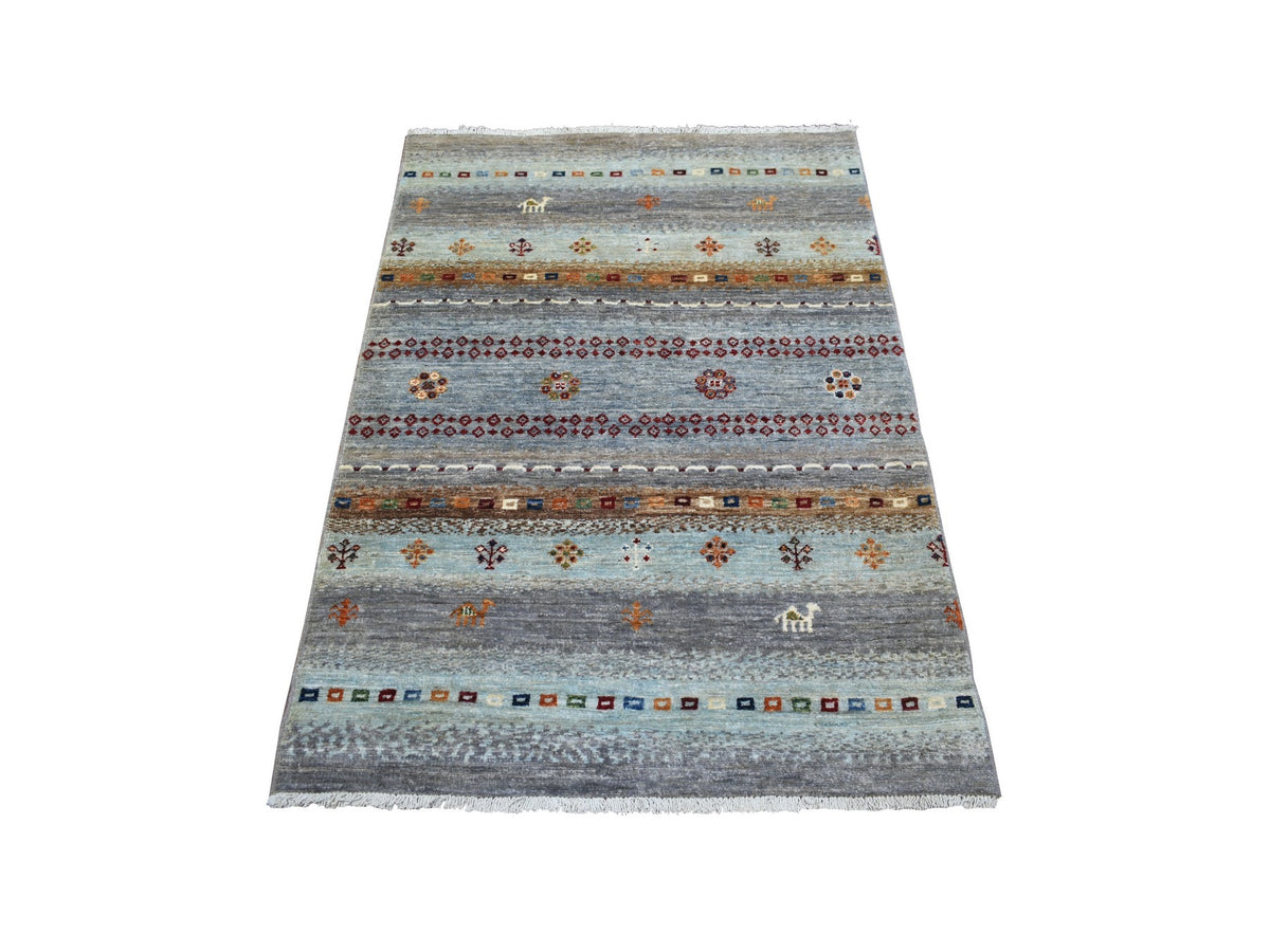 Gabbeh Tribal & Geometric hand-knotted wool rug in Gray, 3'3" x 4'9" — SKU O071138