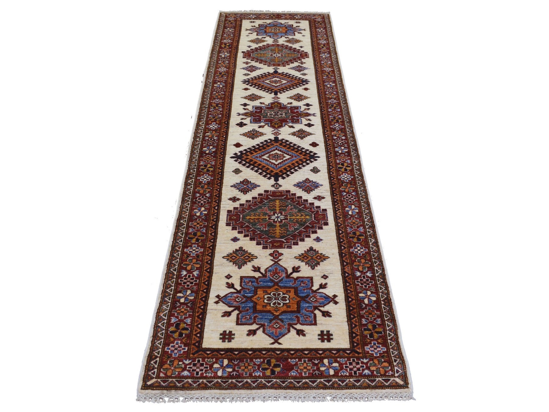 Ivory 2'8" x 9'4" Tribal Hand knotted Wool Rug - Sku: O071217