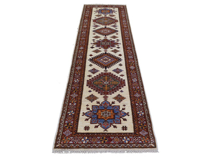 Ivory 2'8" x 9'4" Kazak Hand knotted Wool Rug - Sku: O071217