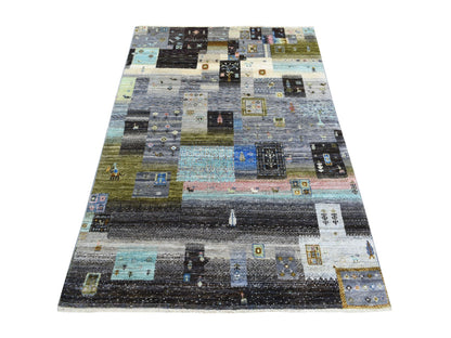 Grey 4'0" x 5'10" Tribal & Geometric Hand knotted Wool Rug - Sku: O071253