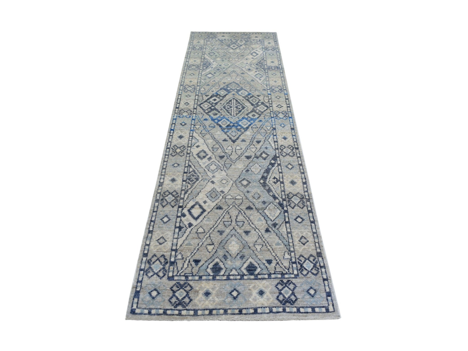 Tribal & Geometric hand-knotted wool runner in Gray, 2'9" x 9'4" — SKU O071282