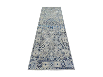 Tribal & Geometric hand-knotted wool runner in Gray, 2'9" x 9'4" — SKU O071282