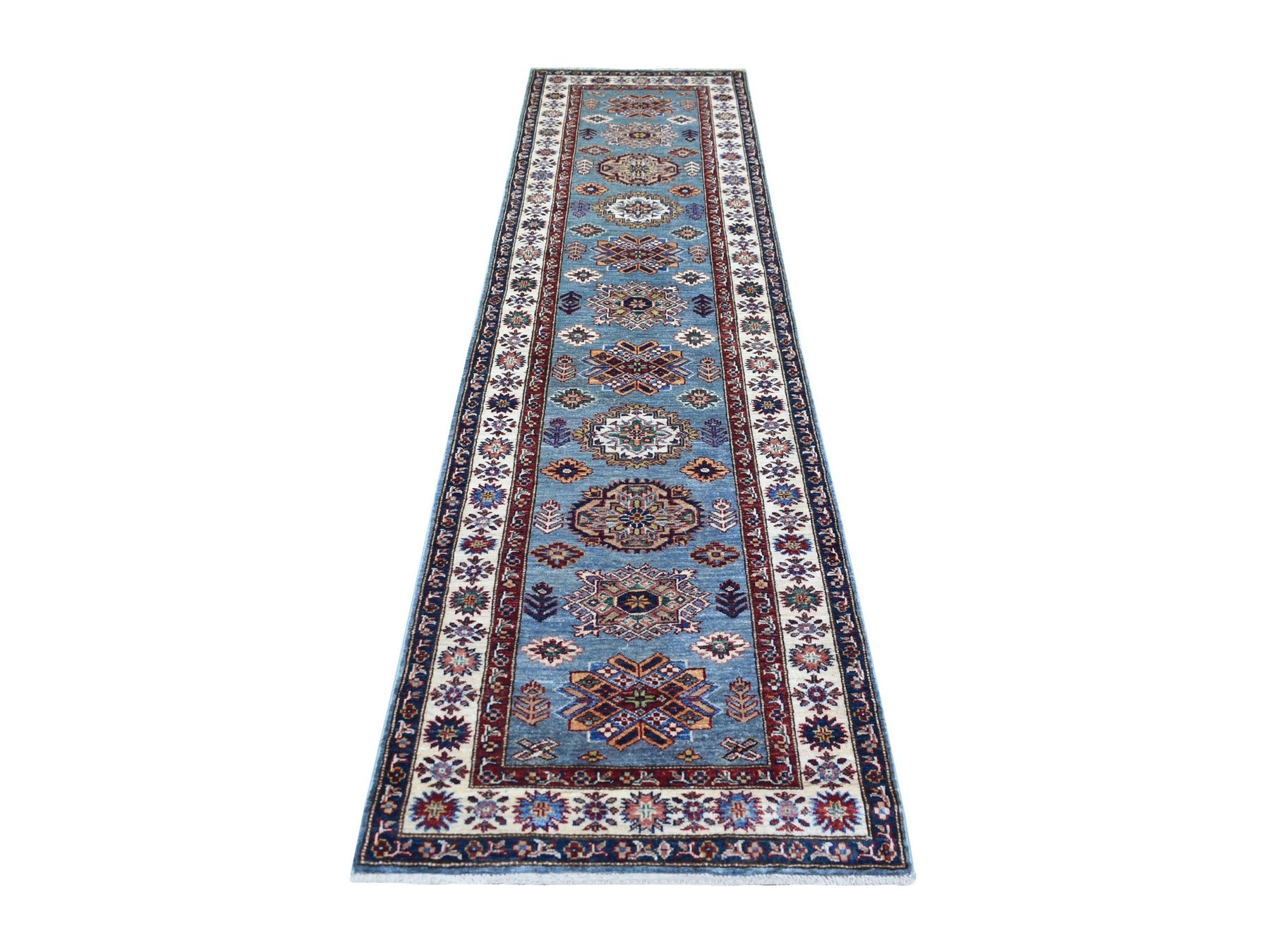 Kazak Kazak hand-knotted wool runner in Blue & Ivory, 2'7" x 9'10" — SKU O071291
