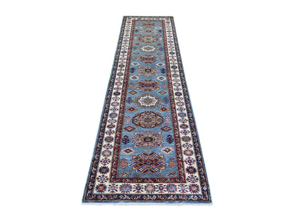 Kazak Kazak hand-knotted wool runner in Blue & Ivory, 2'7" x 9'10" — SKU O071291