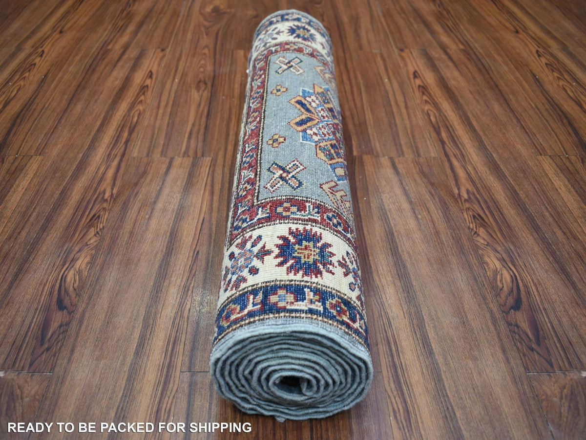 Kazak Kazak hand-knotted wool runner in Blue & Ivory, 2'7" x 9'10" — SKU O071291 (view 4)