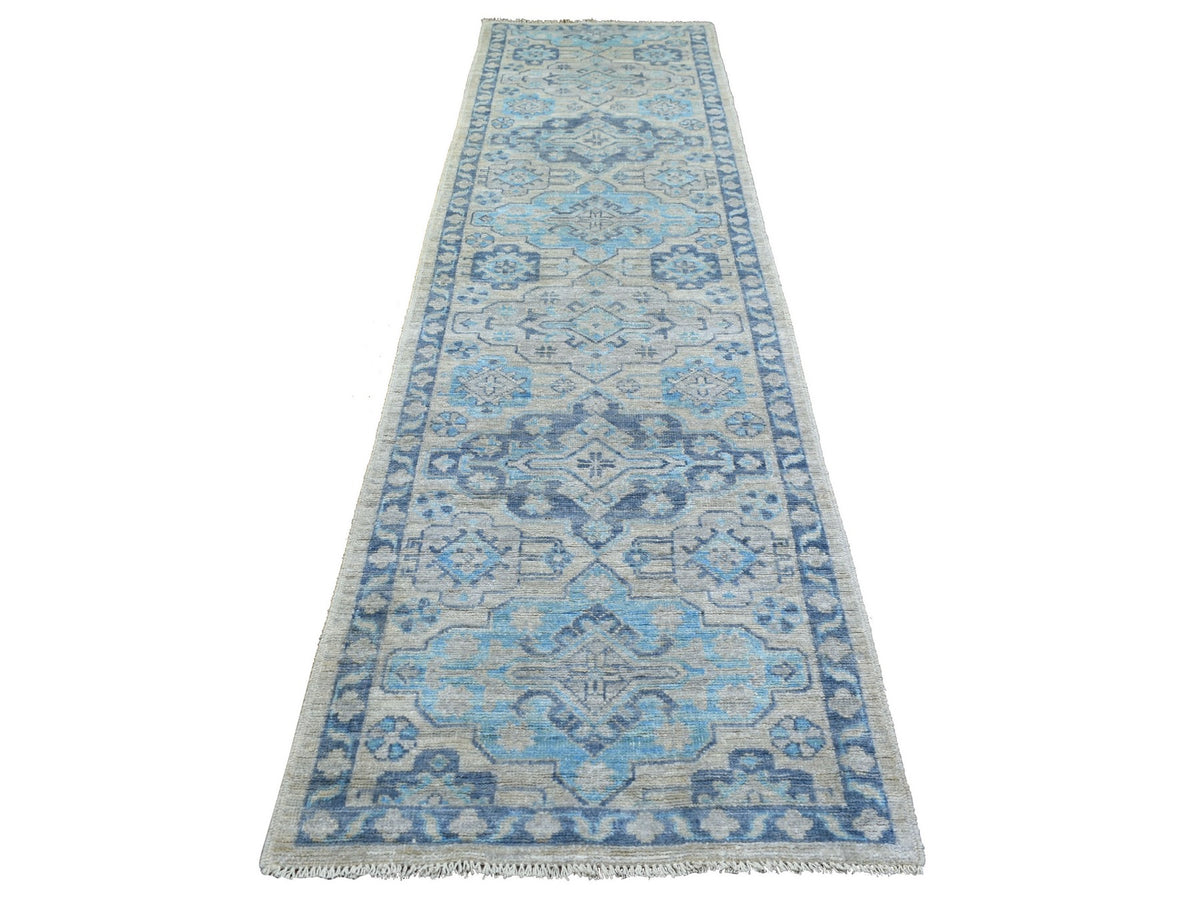 Oushak hand-knotted wool runner in Gray & Navy Blue, 3'1" x 11'9" — SKU O071329