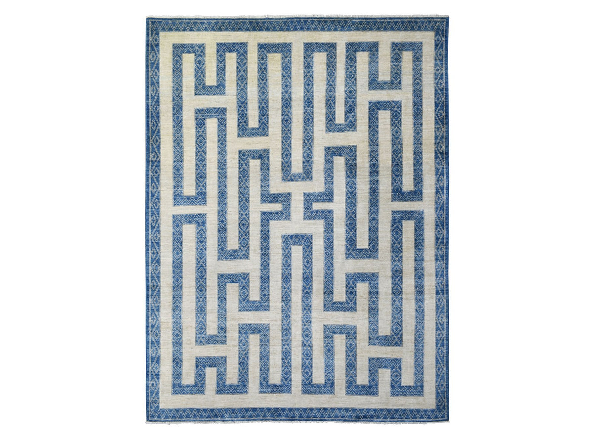 Oushak hand-knotted wool rug in Blue & Denim Blue, 9'2" x 11'9" — SKU O071348