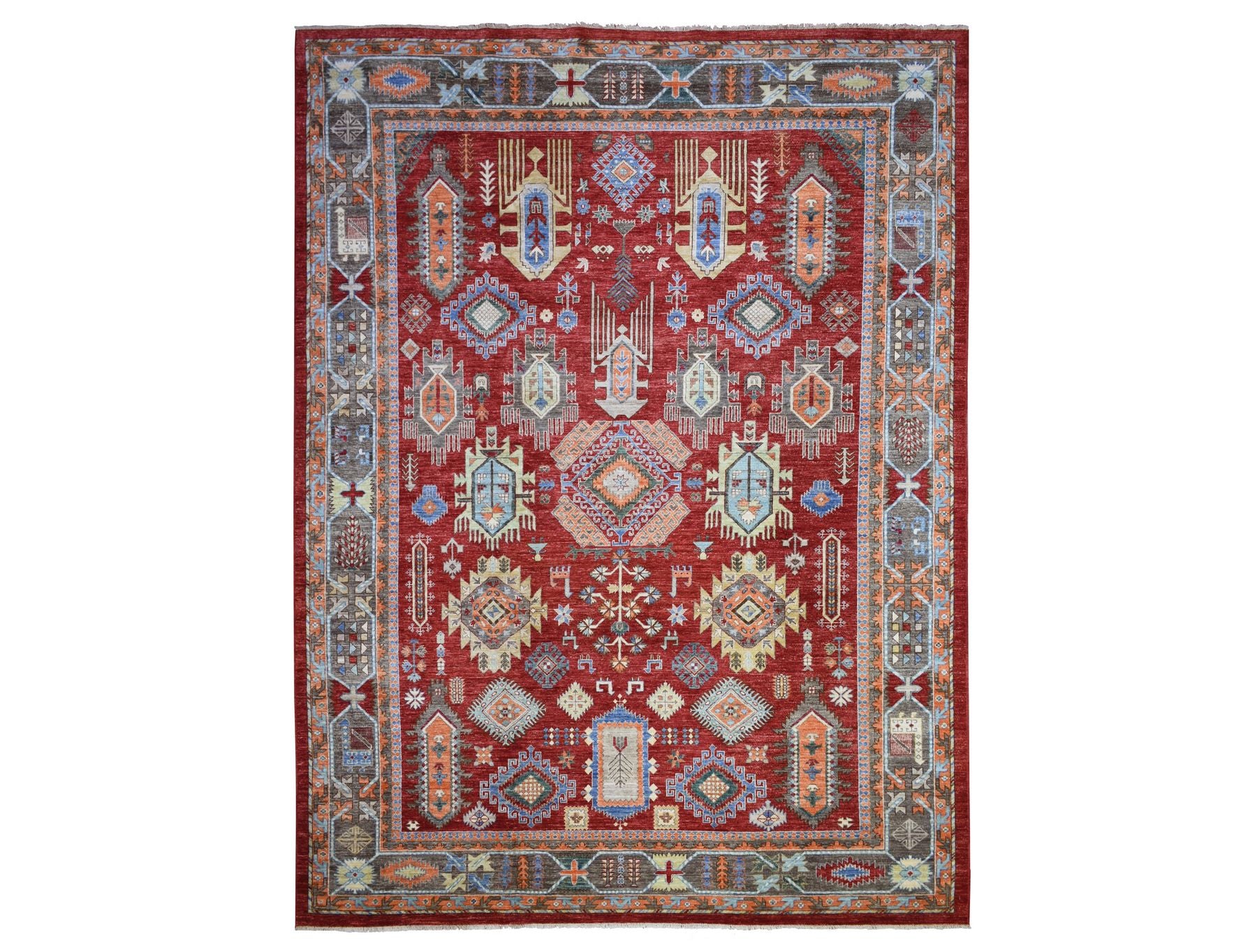 Ersari Tribal & Geometric hand-knotted wool rug in Red & Gray, 9' x 12' — SKU O071364