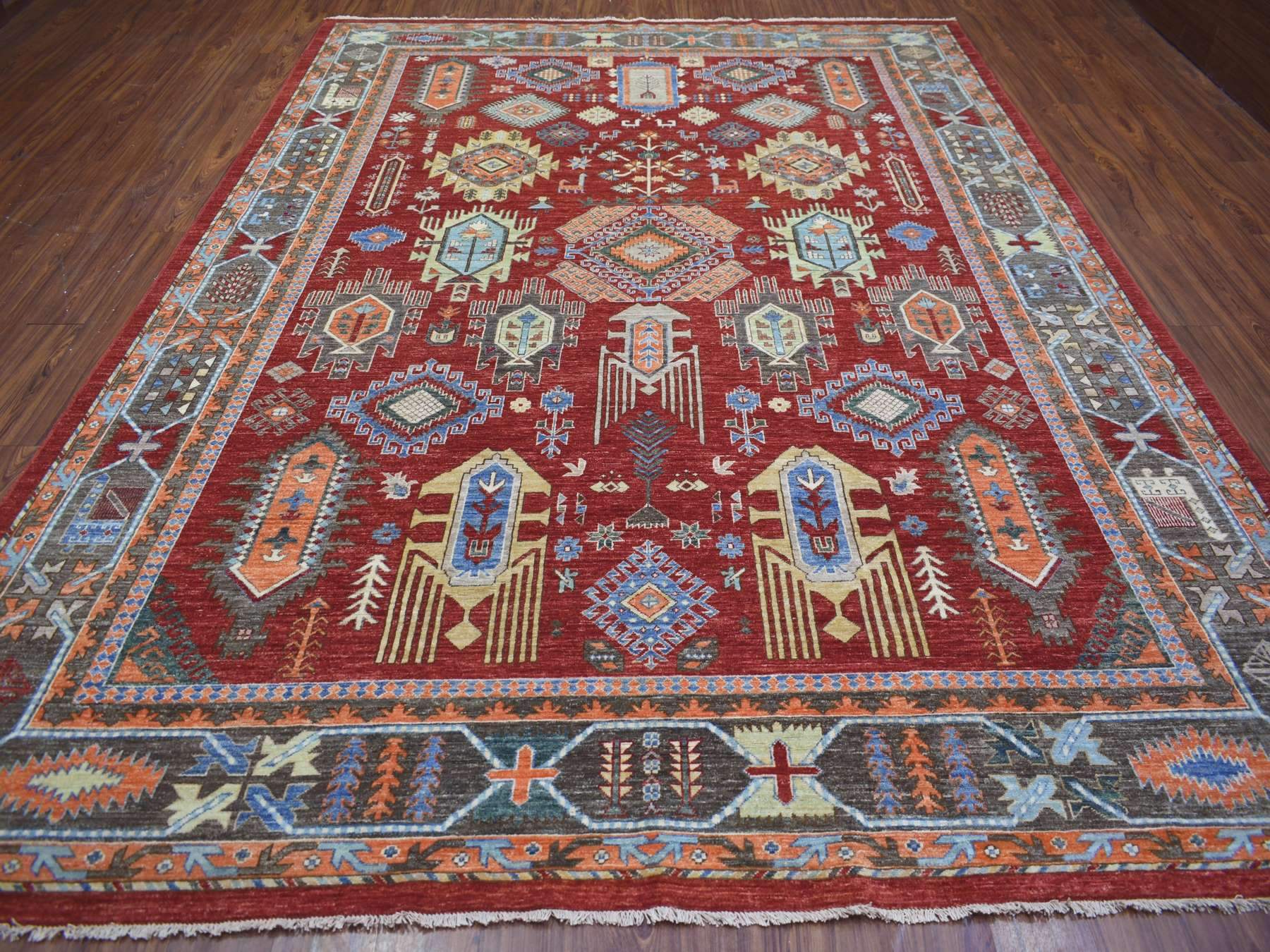 Ersari Tribal & Geometric hand-knotted wool rug in Red & Gray, 9' x 12' — SKU O071364 (view 2)