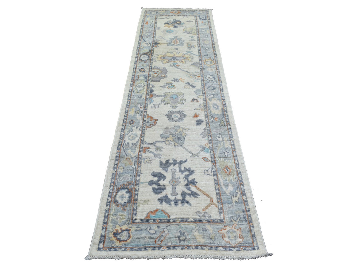 Oushak Oushak hand-knotted wool runner in Ivory & Light Blue, 2'7" x 9'8" — SKU O071507