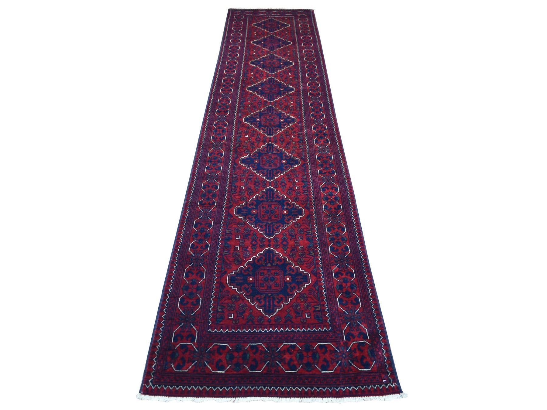 Tribal & Geometric hand-knotted wool runner in Red, 2'7" x 13' — SKU O071823