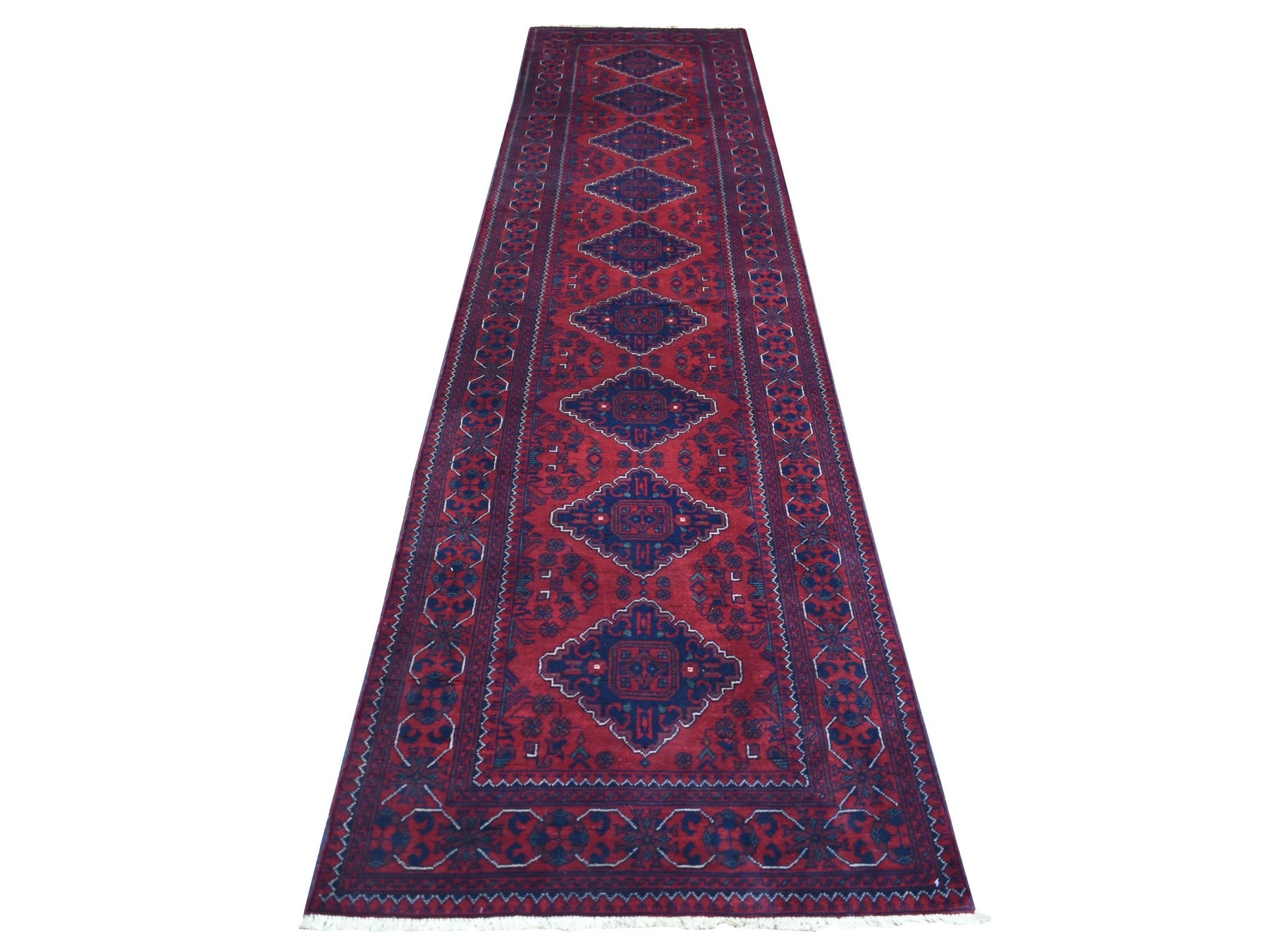 Tribal & Geometric hand-knotted wool runner in Red, 3' x 12'8" — SKU O071825