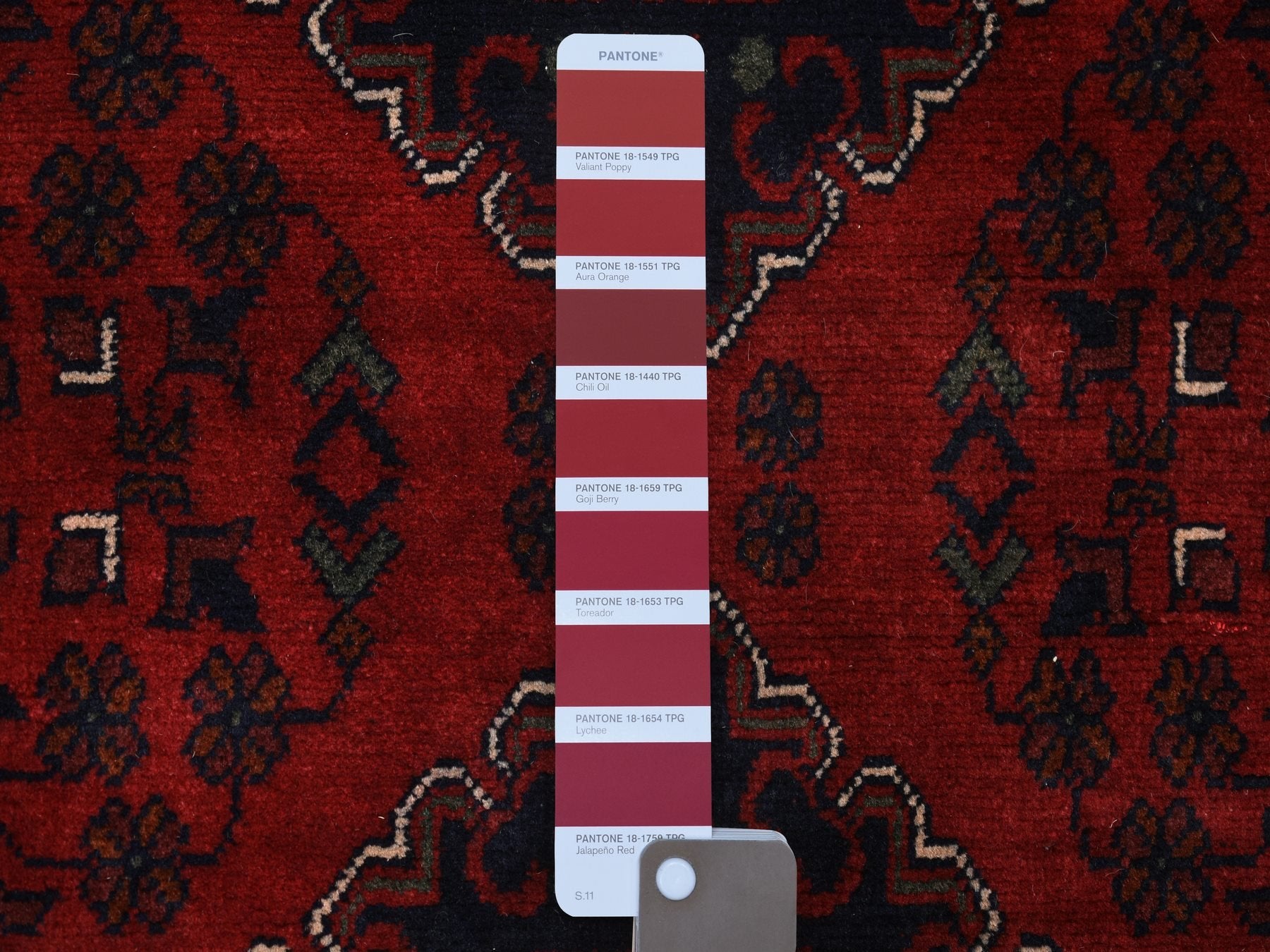 Tribal & Geometric hand-knotted wool runner in Red, 3' x 12'8" — SKU O071825 (view 3)