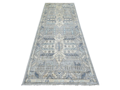 Grey 4'0" x 10'0" Tribal & Geometric Hand knotted Wool Rug - Sku: O071871