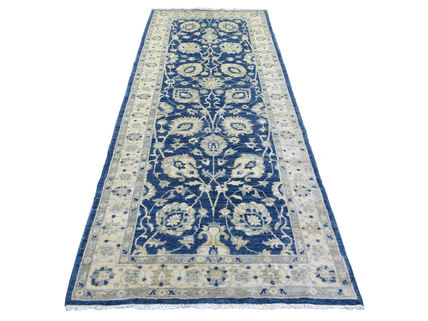 Blue 4'0" x 10'3" Oushak / Peshawar Hand knotted Wool Rug - Sku: O071950