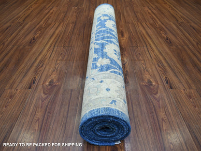 Blue 4'0" x 10'3" Oushak And Peshawar Hand knotted Wool Rug - Sku: O071950