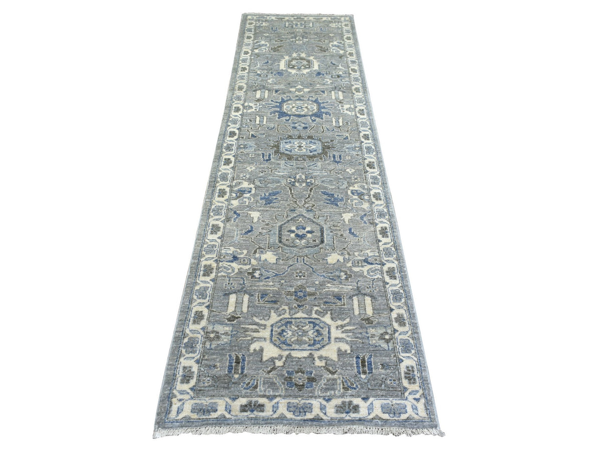 Peshawar Oushak hand-knotted wool runner in Gray & Ivory, 2'6" x 9'9" — SKU O071952