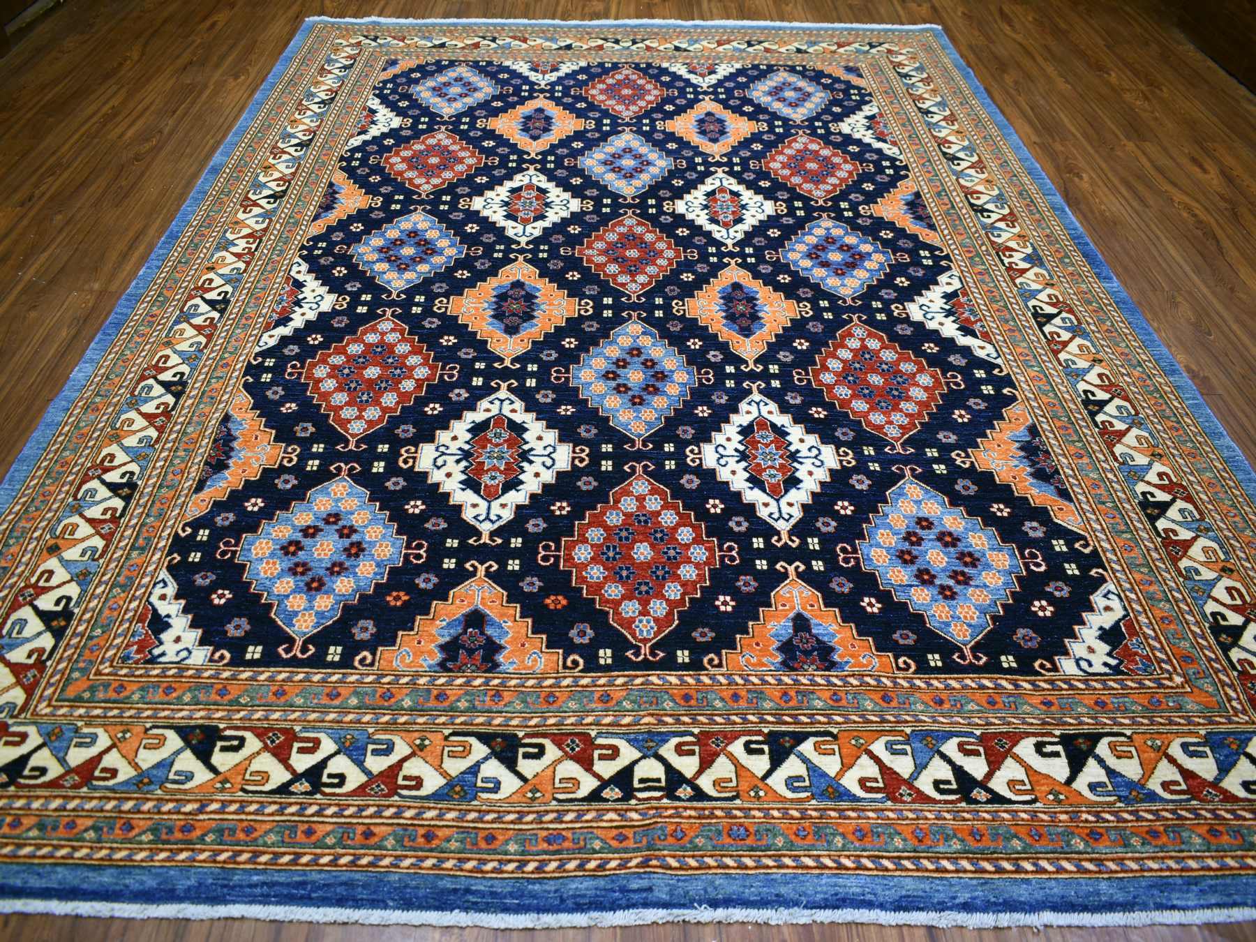 Ersari Tribal & Geometric hand-knotted wool rug in Blue & Ivory, 9'2" x 11'10" — SKU O071990 (view 2)