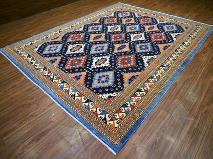 Blue 9'2" x 11'10" Tribal & Geometric Hand knotted Wool Rug - Sku: O071990