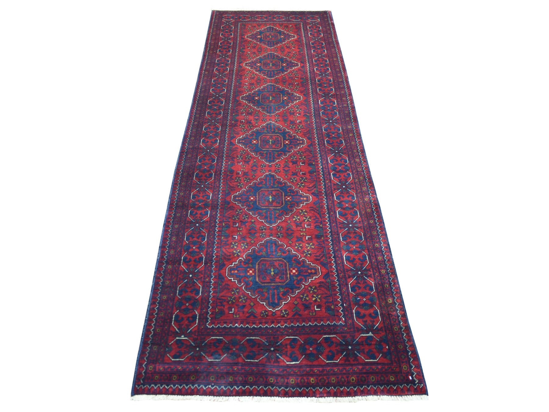 Tribal & Geometric hand-knotted wool runner in Red, 3' x 9'10" — SKU O072020
