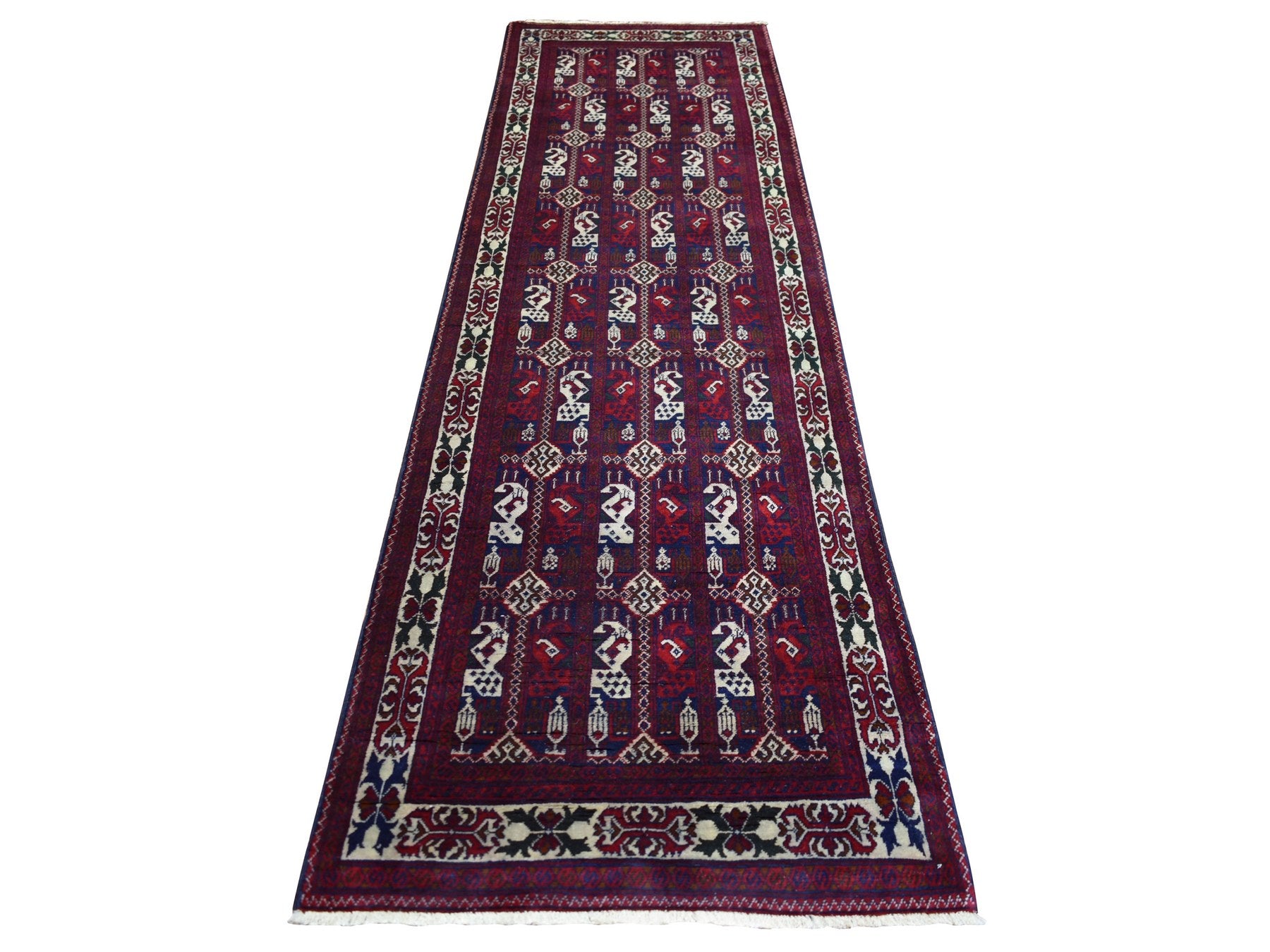 Tribal & Geometric hand-knotted wool runner in Red & Ivory, 2'10" x 10' — SKU O072021