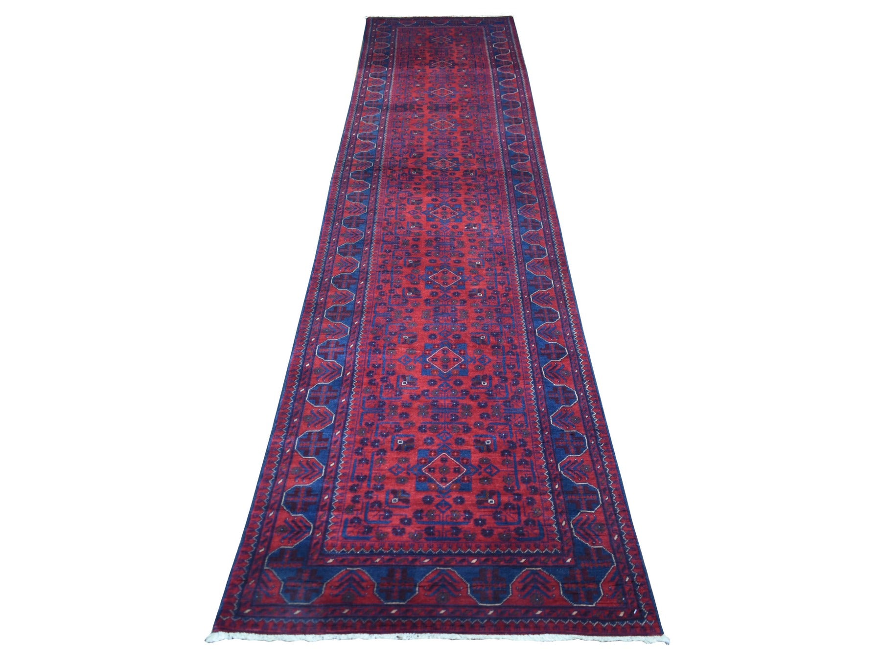 Tribal & Geometric hand-knotted wool runner in Red, 2'10" x 12'8" — SKU O072023