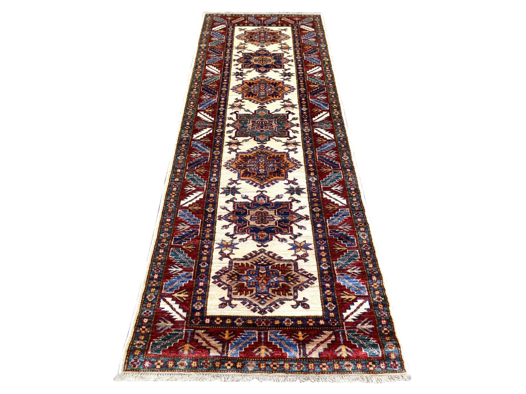 Kazak Kazak hand-knotted wool runner in Ivory & Coral Red, 2'9" x 8'6" — SKU O072053