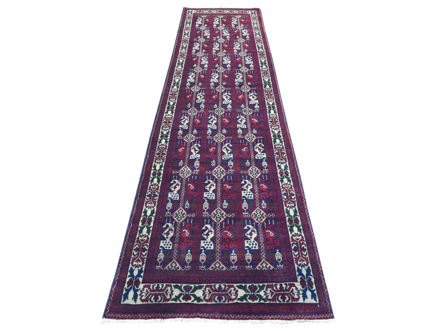 Tribal & Geometric hand-knotted wool runner in Red & Ivory, 3' x 12'5" — SKU O072340