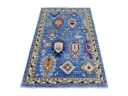 Blue 3'7" x 5'4" Tribal & Geometric Hand knotted Wool Rug - Sku: O072413